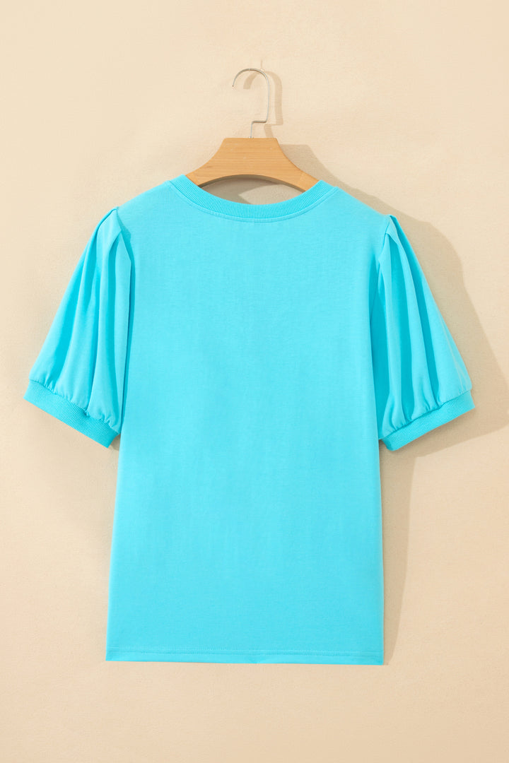 Mint Green Solid Color V Neck Short Puff Sleeve Blouse