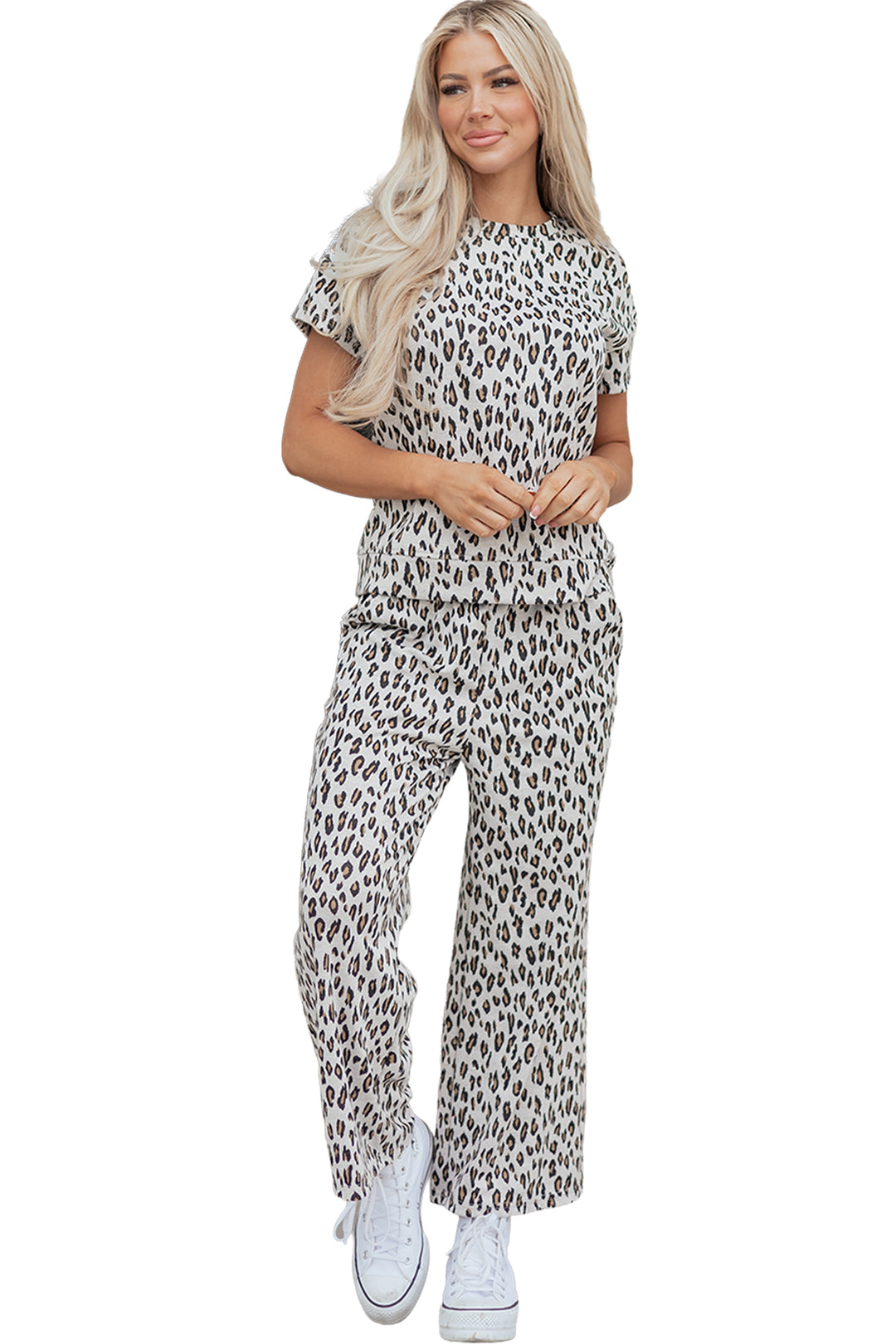 Beige Leopard Print Casual Tee and Pants 2pcs Outfit