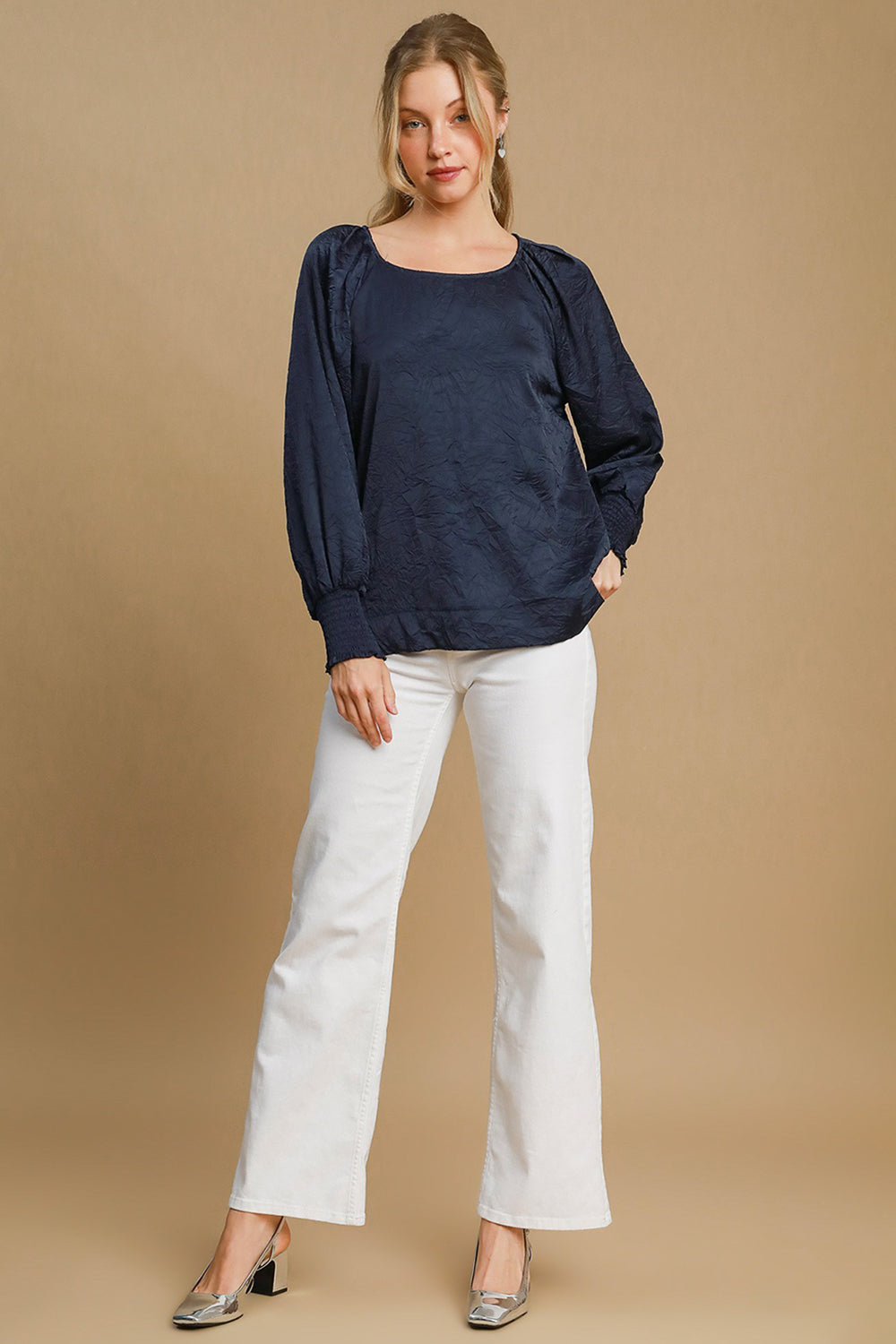 Umgee Wrinkled Round Neck Lantern Sleeve Blouse