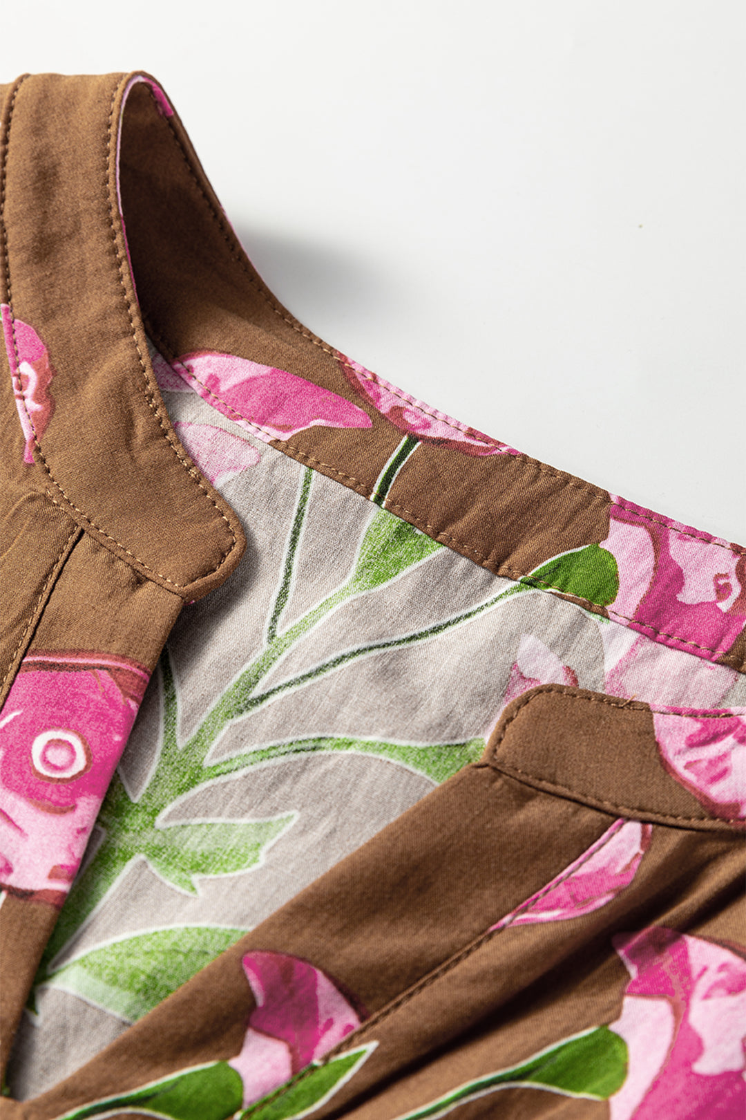 Brown Contrast Floral Print Babydoll Tunic Ruffled Hem Puff Sleeve Dress