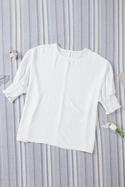 White Smocked Wrist Shift Top