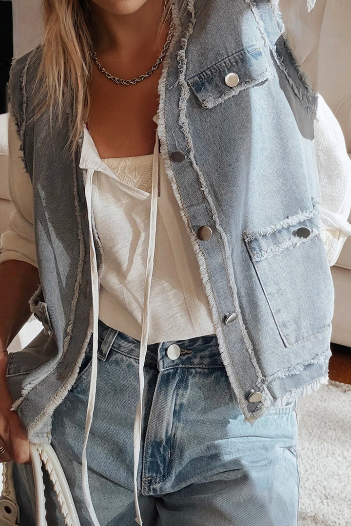 Beau Blue Frayed Edge Flap Pockets Denim Vest Jacket