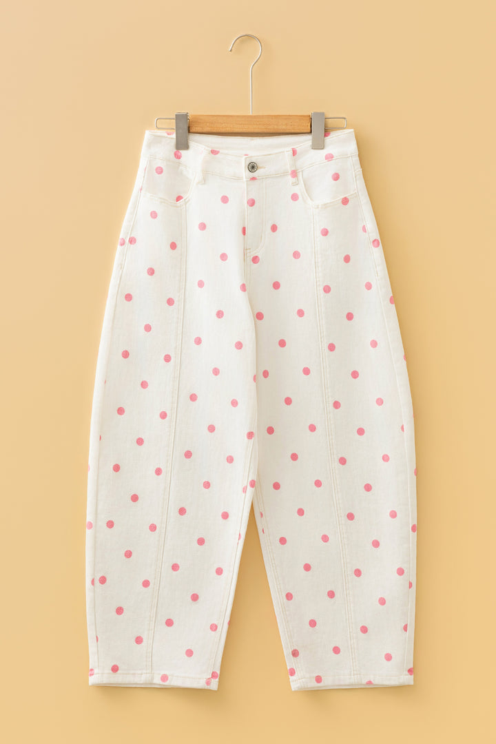 Pink Polka Dot Print Seam Detail Barrel Jeans