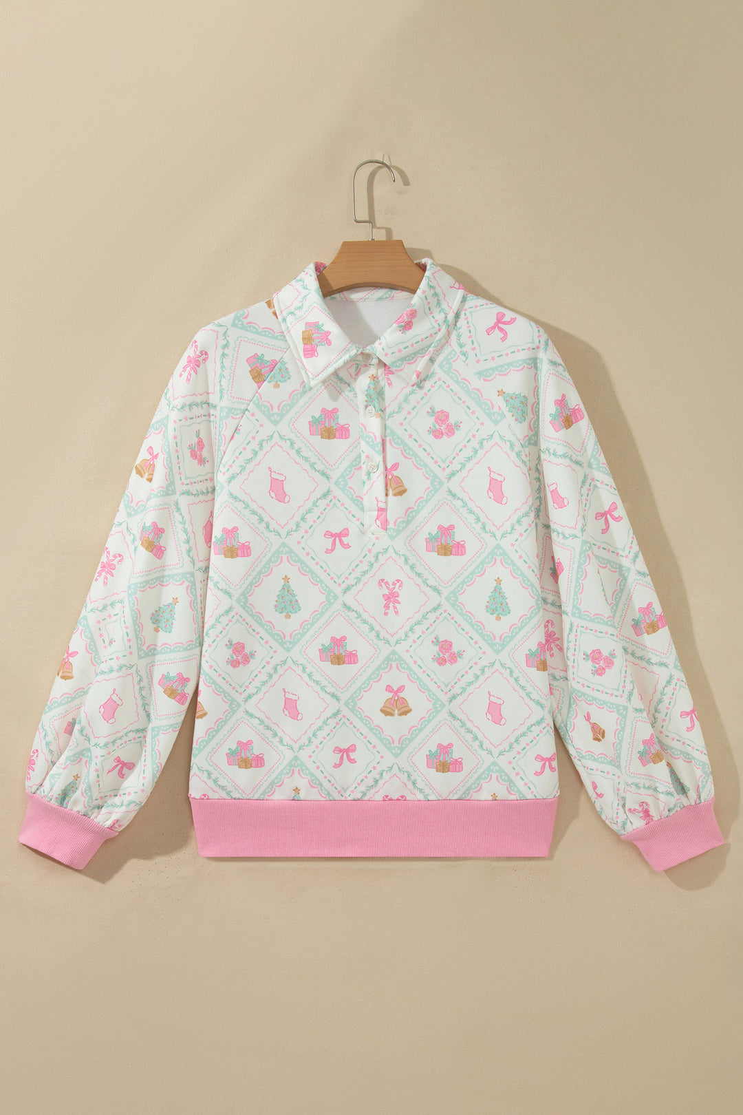 White Christmas Patchwork Collar Long Sleeve Pullover Sweatshirt