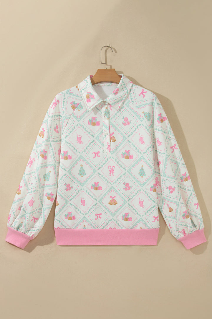 White Christmas Patchwork Collar Long Sleeve Pullover Sweatshirt