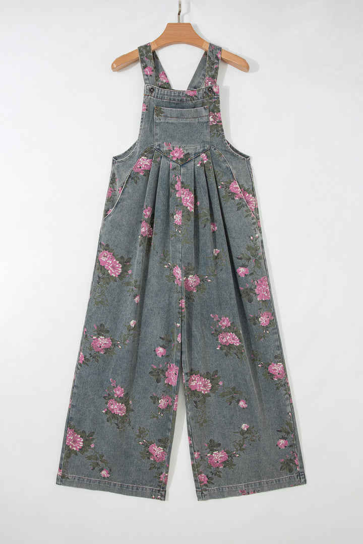 Blue Beau Floral Print Pleated High Waist Wide Leg Denim Jumpsuit