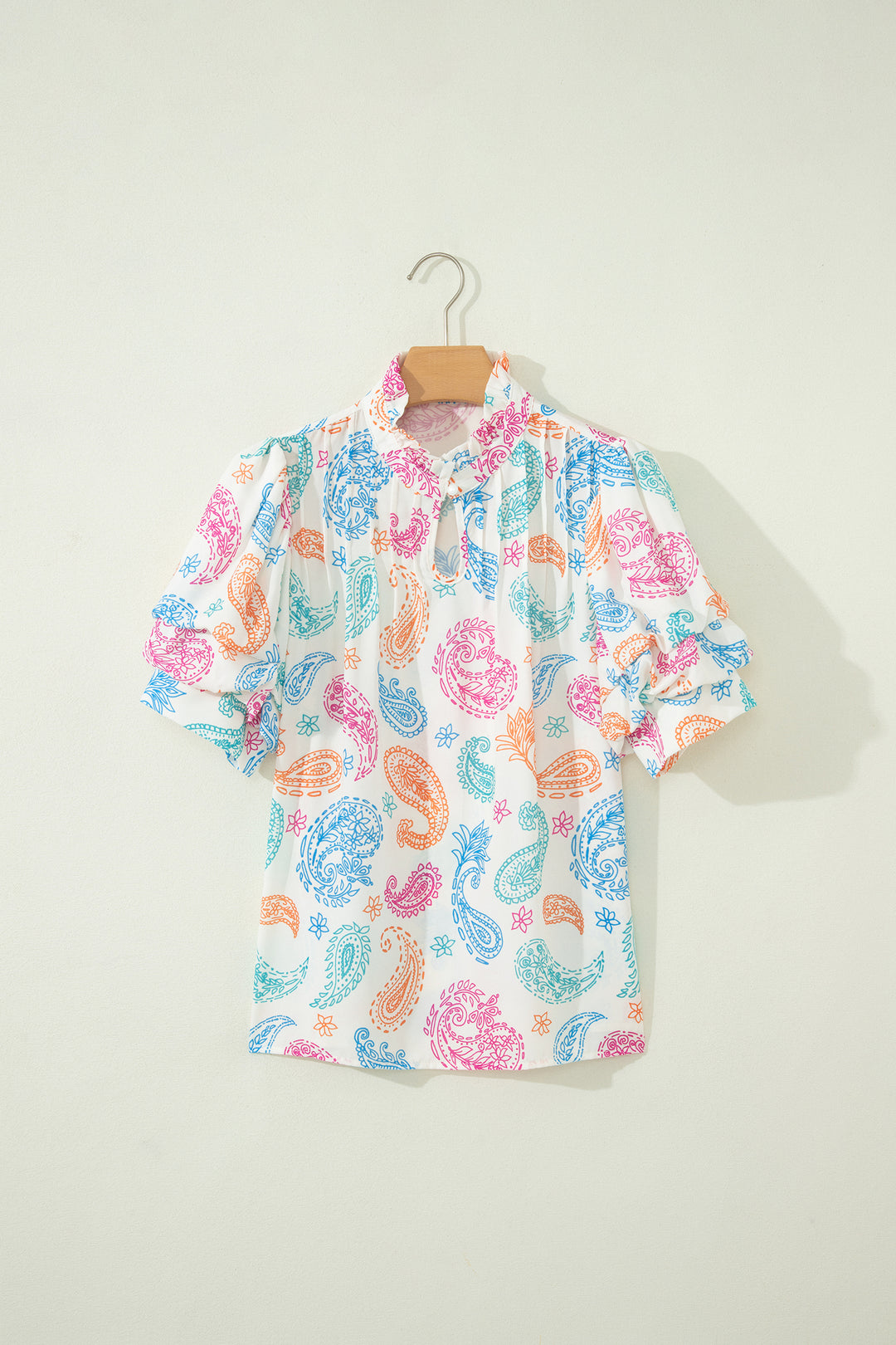 Multicolour Vibrant Paisley Printed Button Keyhole Puff Sleeve Blouse