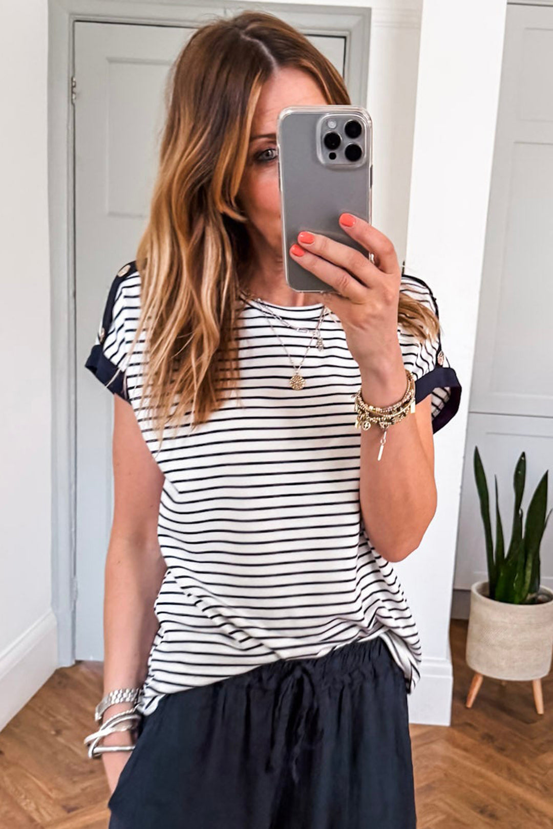 Black Stripe Cuffed Sleeve Button Detail Loose Tee