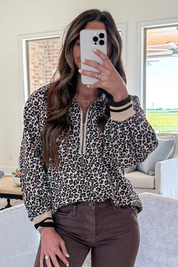 Khaki Leopard Print Half Zip up Blouse