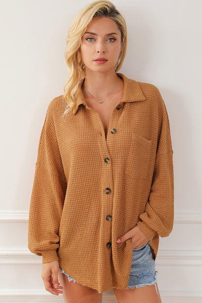 Brown Waffle Knit Button Up Casual Shirt