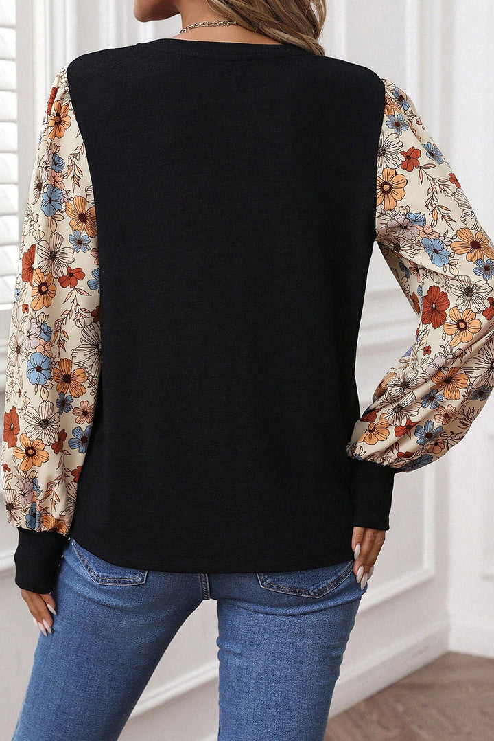 Apricot Flower Puff Sleeve Patchwork Top