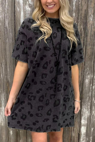 Gray Vintage Washed Leopard T-Shirt Dress with Pockets