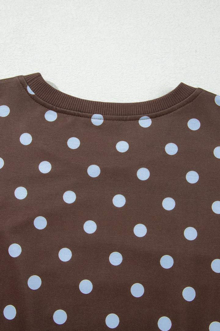 Brown Polka Dot Long Sleeve Pullover Embroidered Bow Detail 2pcs Skort Set