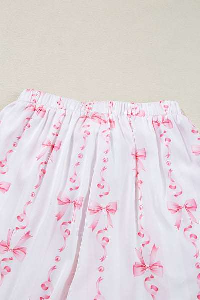 Pink Satin Bow Bell Sleeve Shirt and Ruffled Shorts Pajama Set