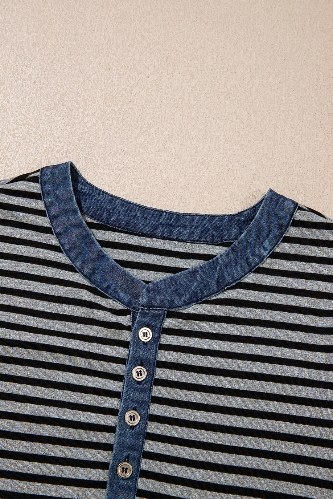 Gray Stripe Denim Contrast Collar Half Button Long Sleeve Top