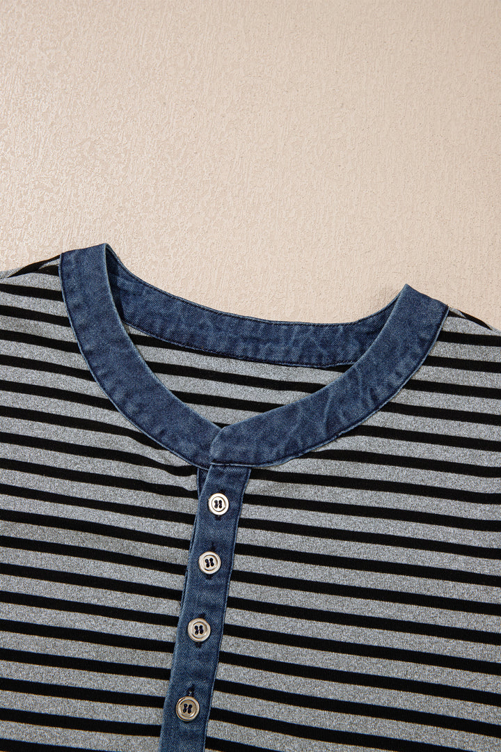 Gray Stripe Denim Contrast Collar Half Button Long Sleeve Top