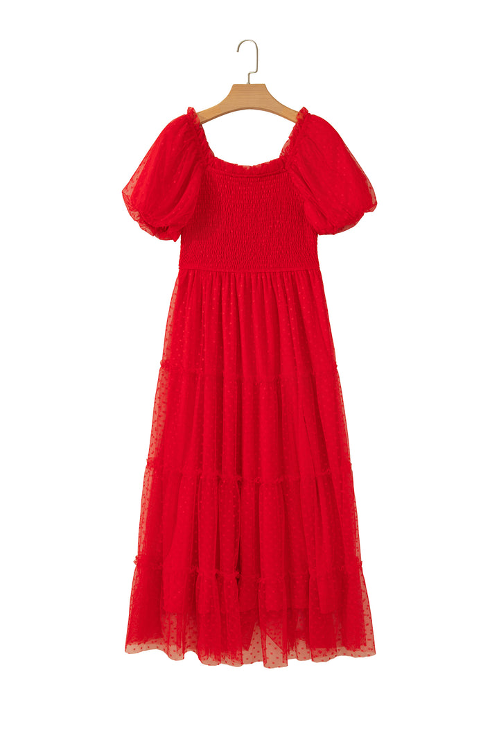 Fiery Red Tiered Tulle Smocked Bodice Puff Sleeve Dress