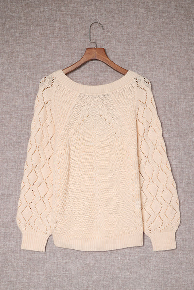 Beige Hollow-out Puffy Sleeve Knit Sweater