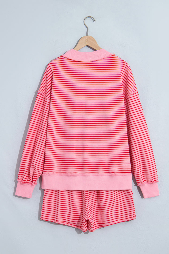 Blue Stripe Ribbed Patchwork Mock Neck Baggy Pullover Matching Shorts Set