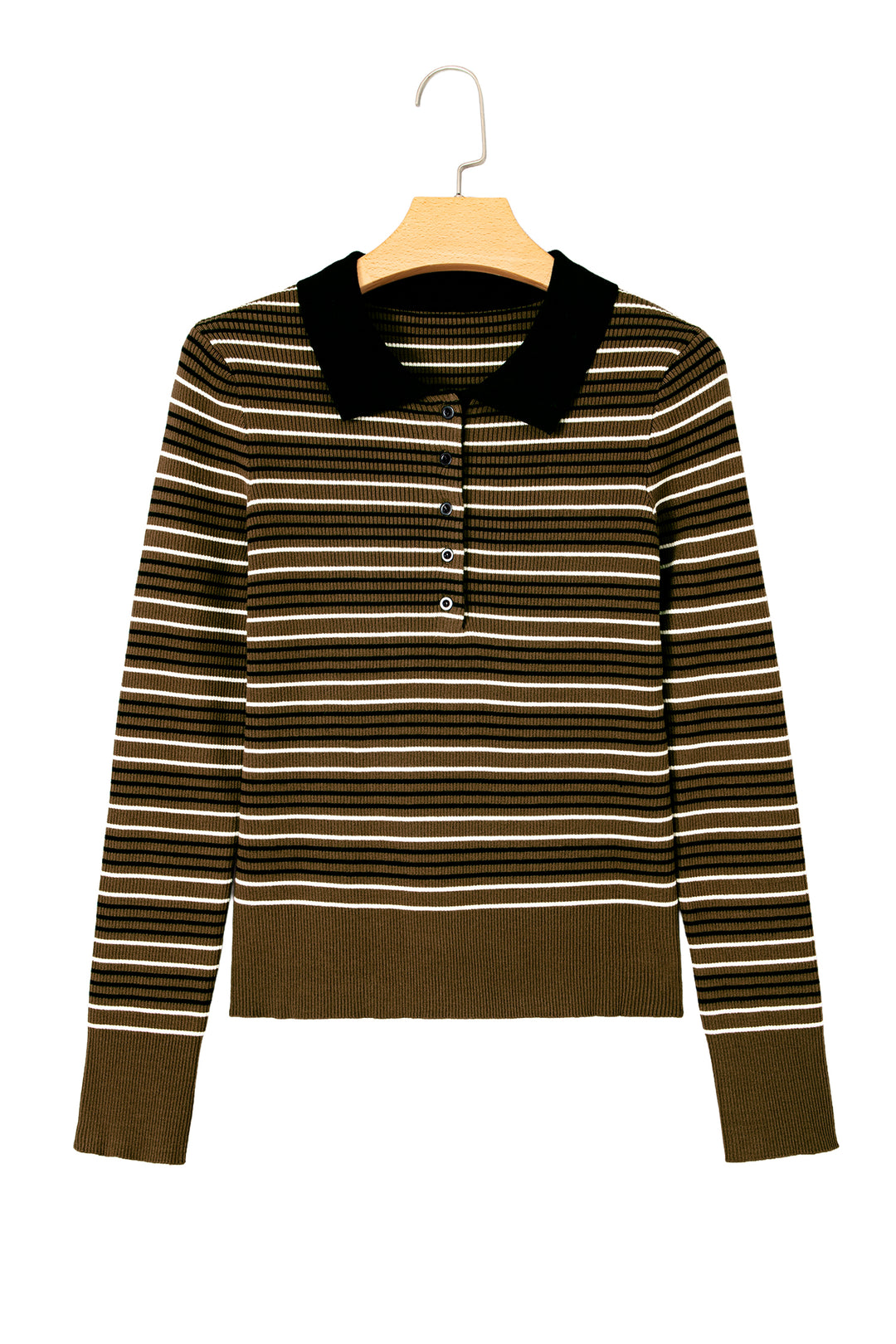 Green Stripe Striped Ribbed Knit Button Collar Sweater