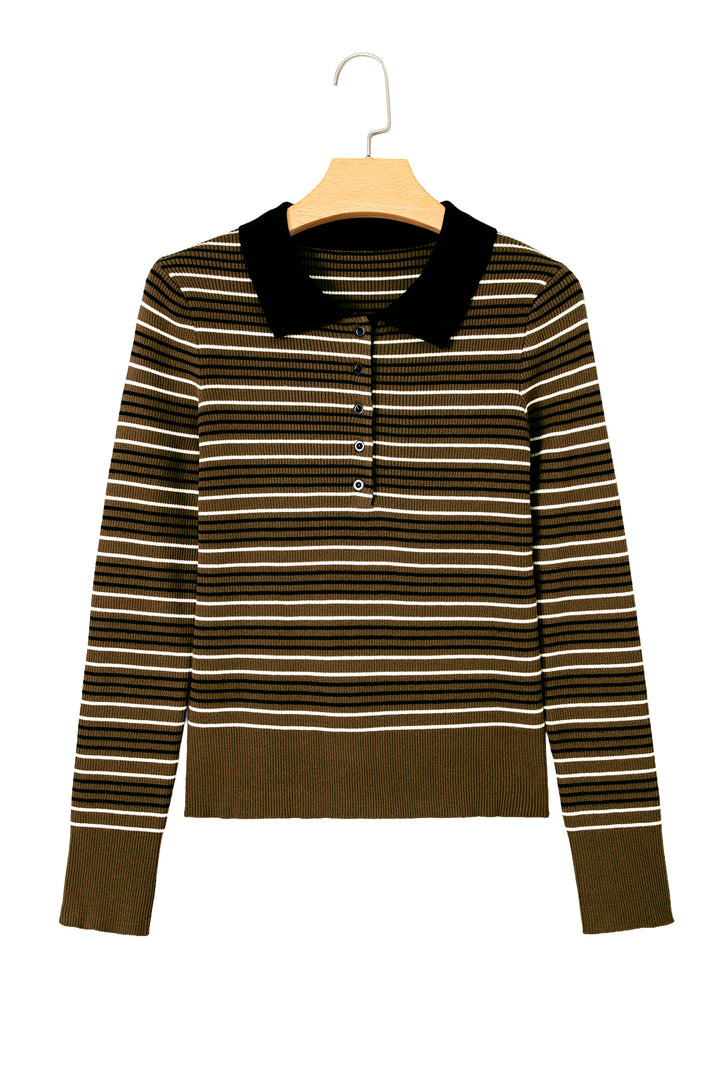 Green Stripe Striped Ribbed Knit Button Collar Sweater