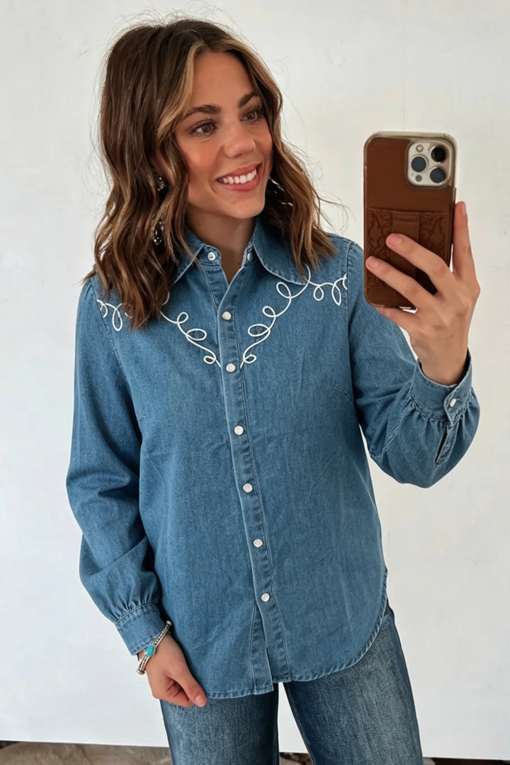 Dusk Blue Western Embroidered Collar Long Sleeve Denim Shirt