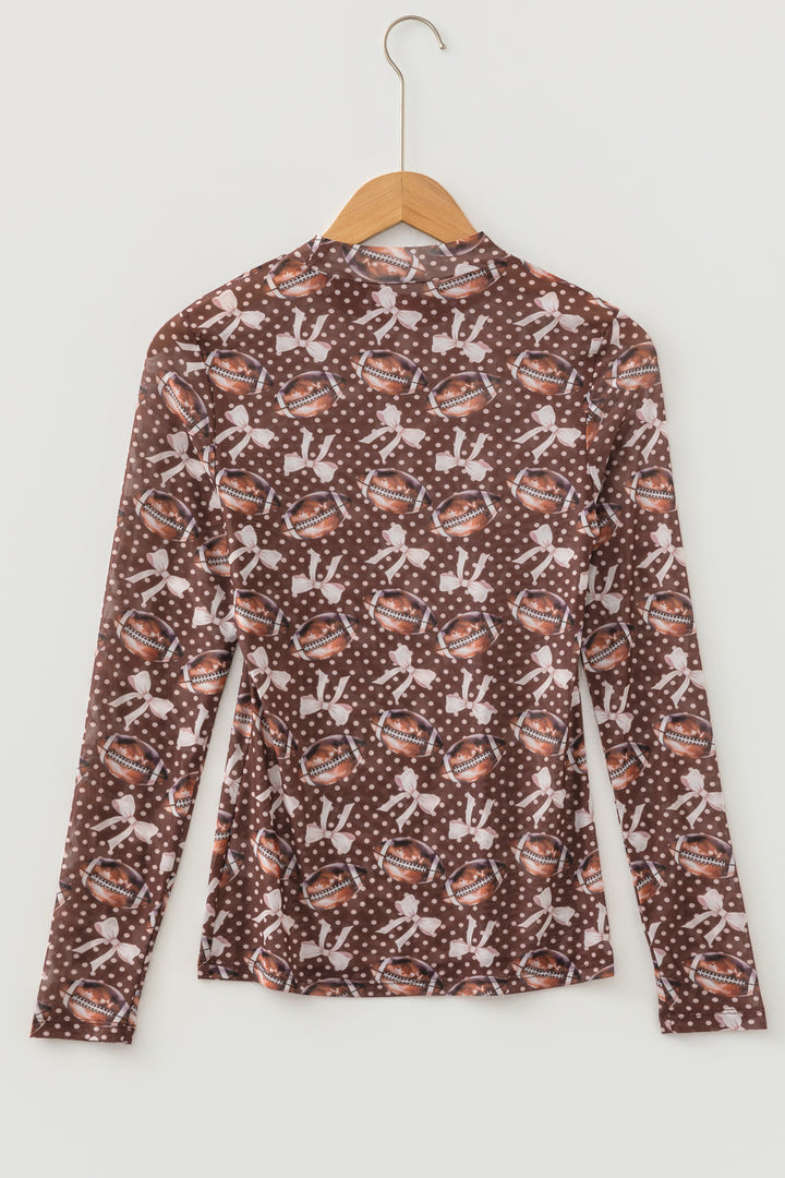 Brown Polka Dot Bow Printed Game Day Vibes Mesh Long Sleeve Top