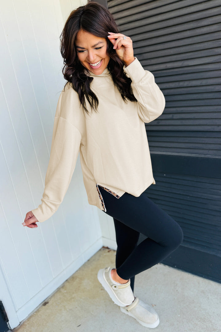 Beige Mock Neck Long Sleeve Leopard Detail Split Hem Top