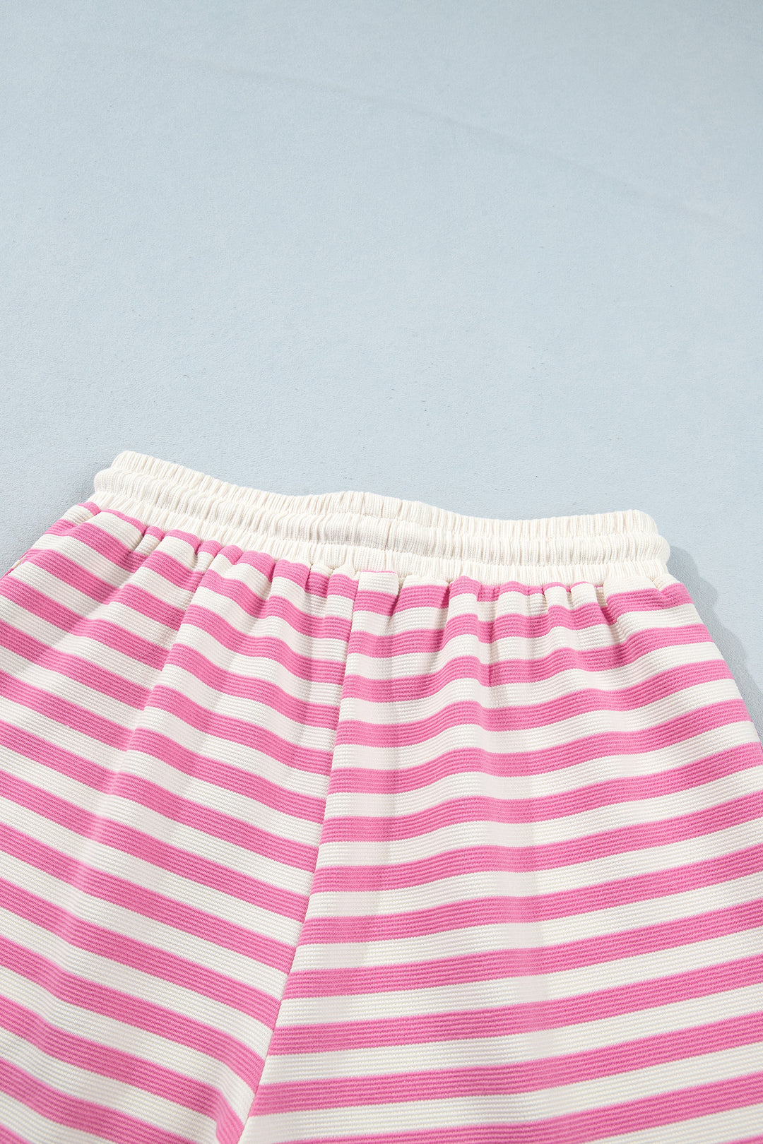 Pink Striped Long Sleeve Crew Neck Drawstring Waist Shorts Set