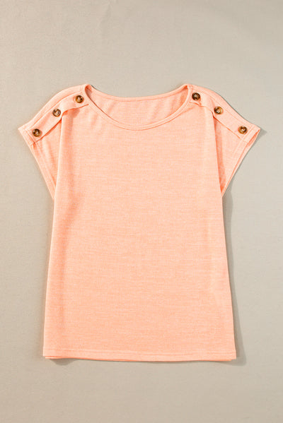 Apricot Pink Button Detail Batwing Sleeve Casual Tee