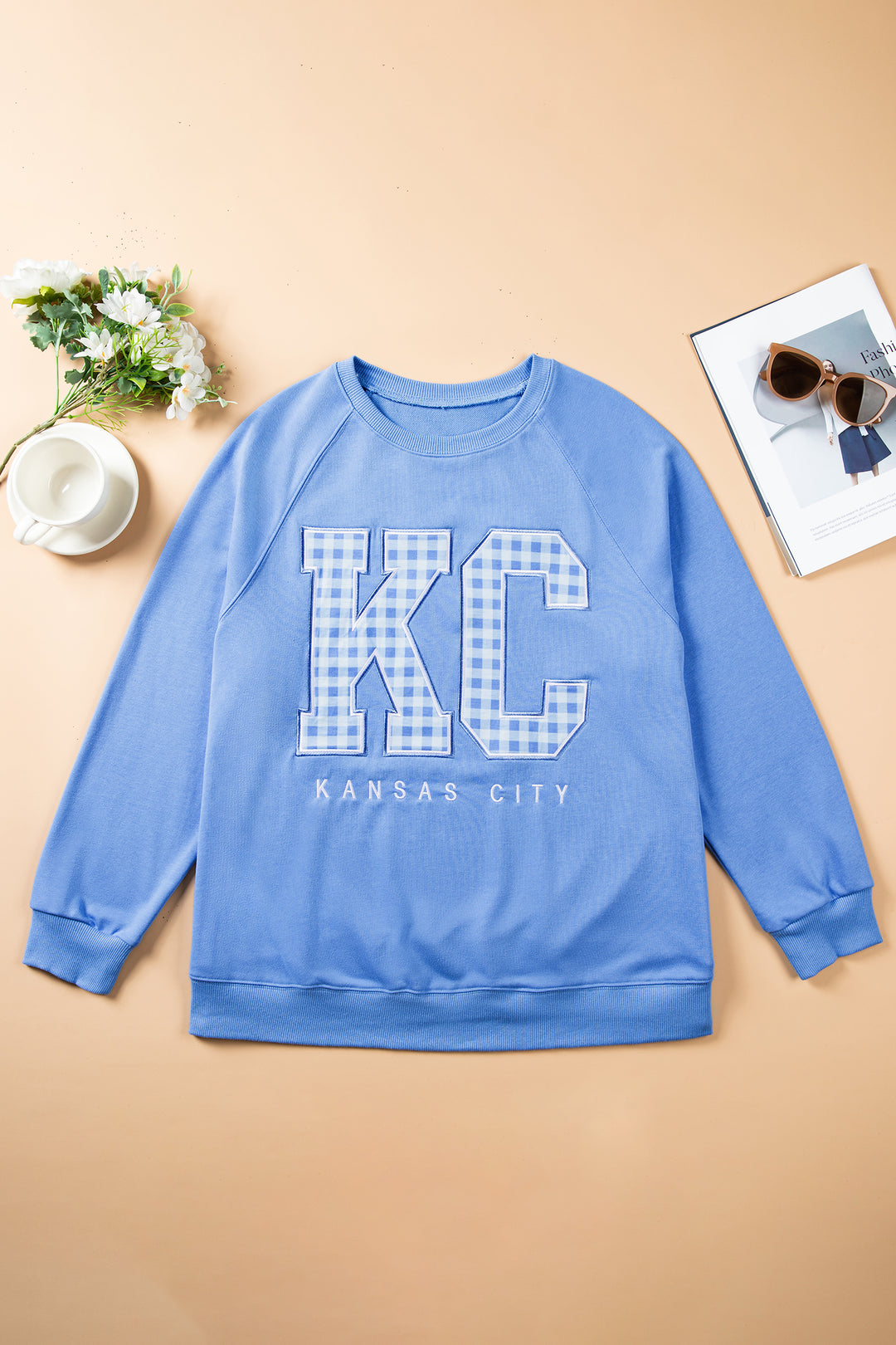 Dusk Blue Floral Letter Print Loose Fit Long Sleeve Round Neck Plus Size Sweatshirt