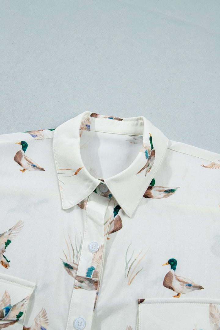 White Mallard Printed Button Flap Pocket Short Sleeve Shirt