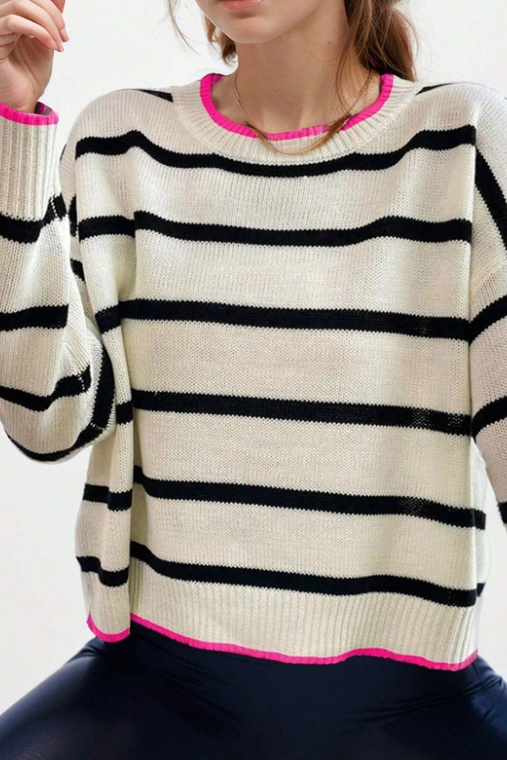 White Stripe Color Contrast Drop Shoulder Crew Neck Sweater