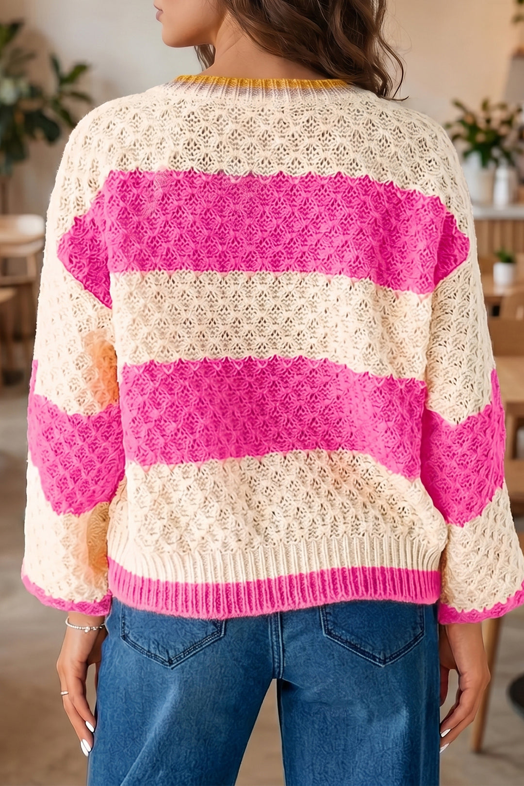 Pink Stripe Striped Colorblock Texture Drop Shoulder Sweater