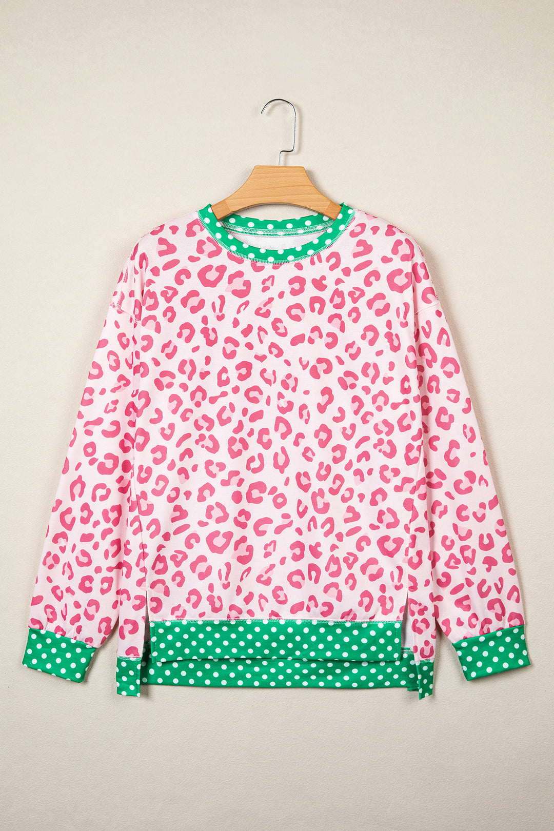 Khaki Leopard Polka Dot Colorblock Trim Long Sleeve Top