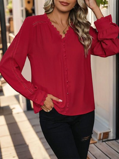 Perfee Lace Detail V-Neck Long Sleeve Blouse