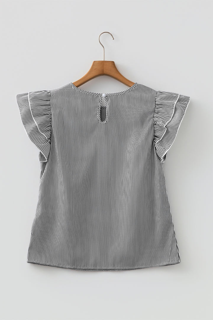 Black Stripe Striped Ruffle Sleeve Short Sleeve Round Neck Casual Shift Blouse