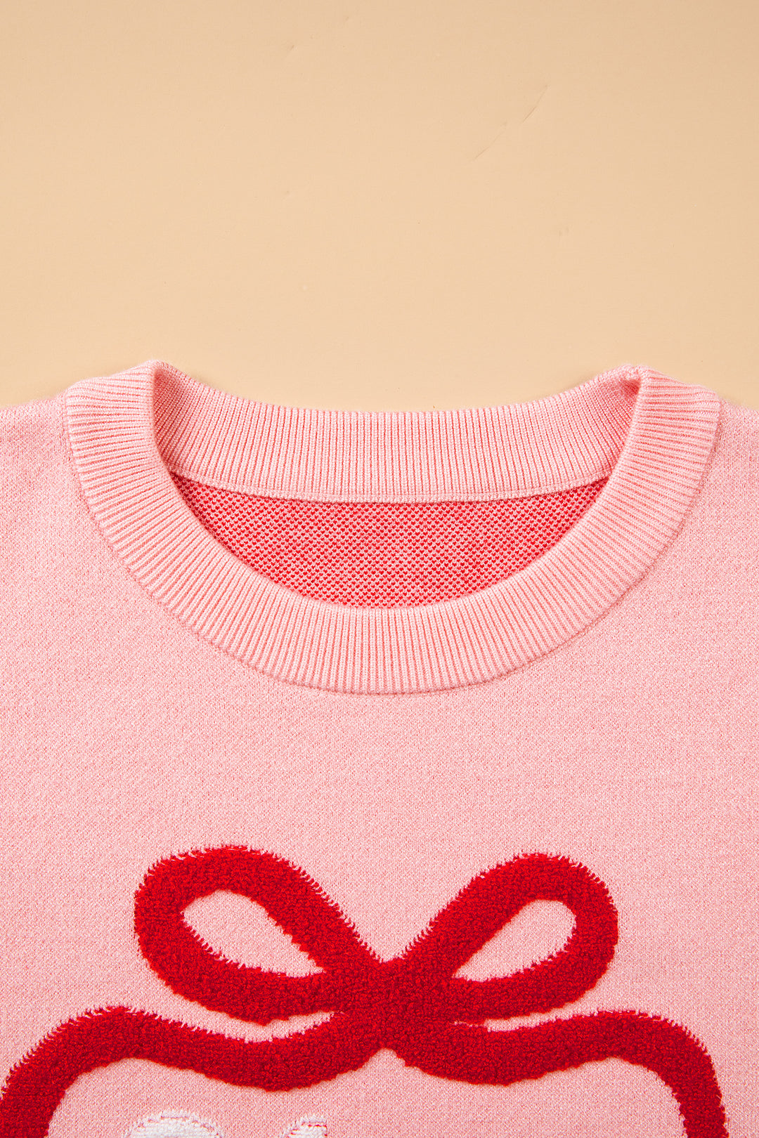 Gossamer Pink Drop Shoulder Round Neck Towel Embroidery Slogan Pullover Sweater