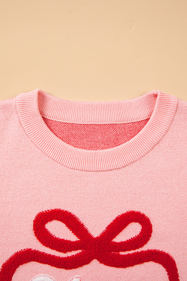 Gossamer Pink Drop Shoulder Round Neck Towel Embroidery Slogan Pullover Sweater