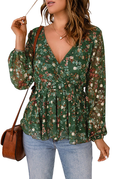 Green Floral Print Wrap V Neck Peplum Top