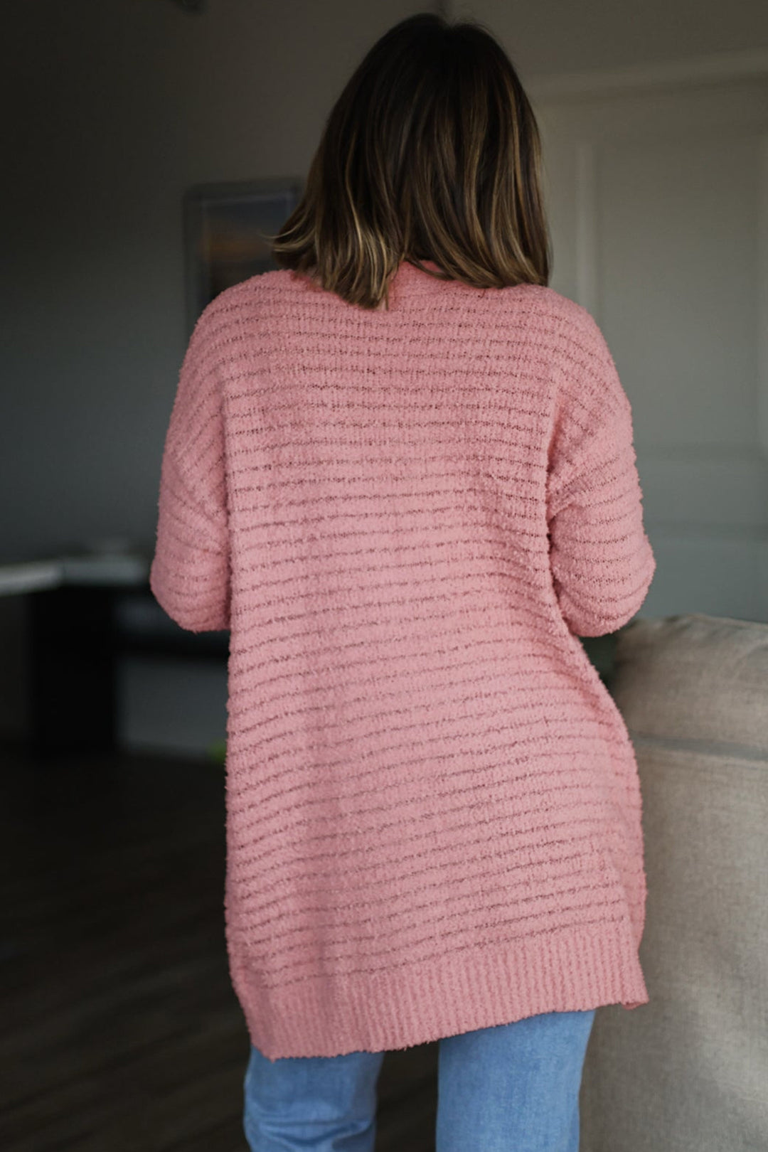 Light Pink Open Front Soft Fuzzy Ribbed Sweater Cardigan