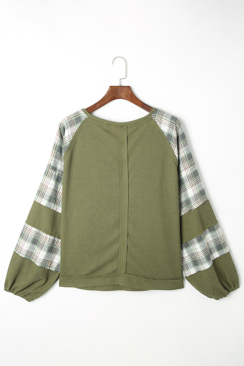 Green Plaid Patch Waffle Knit Exposed Seam Bubble Sleeve Top