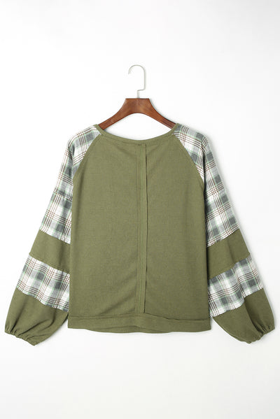 Green Plaid Patch Waffle Knit Exposed Seam Bubble Sleeve Top