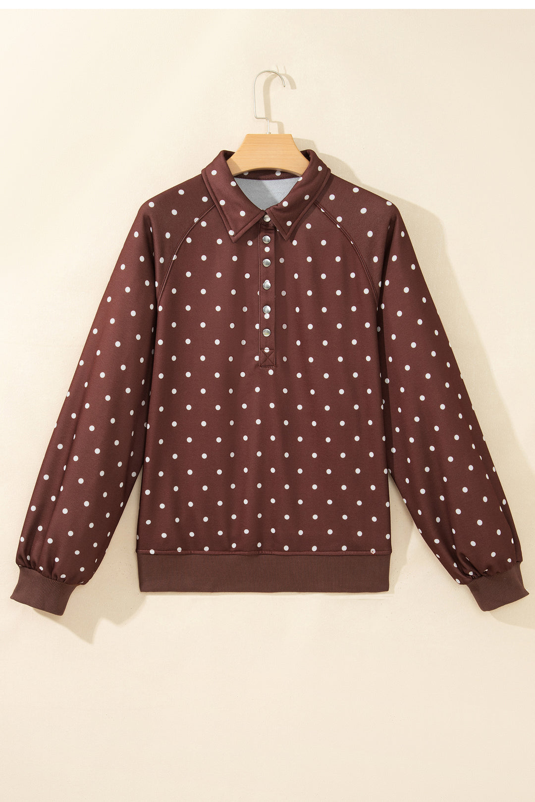 Pink Polka Dot Print Metal Button Collar Casual Pullover Sweatshirt