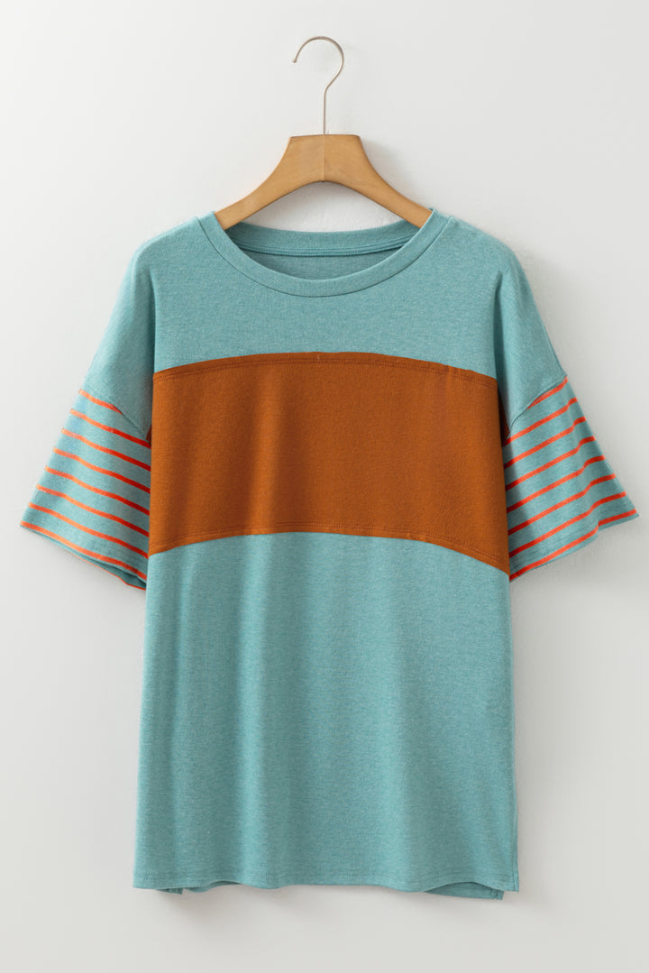 Red Dahlia Color Block Striped Detail Loose T Shirt