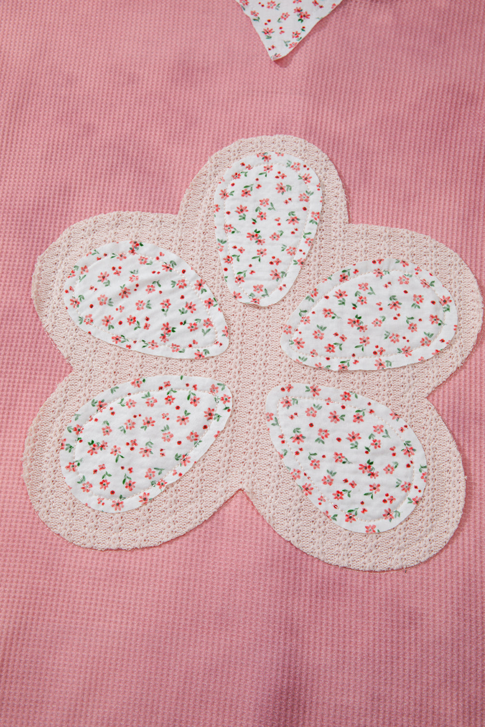 Pink Floral Patched Waffle Textured Colorblock V Neck Casual Hooded Top