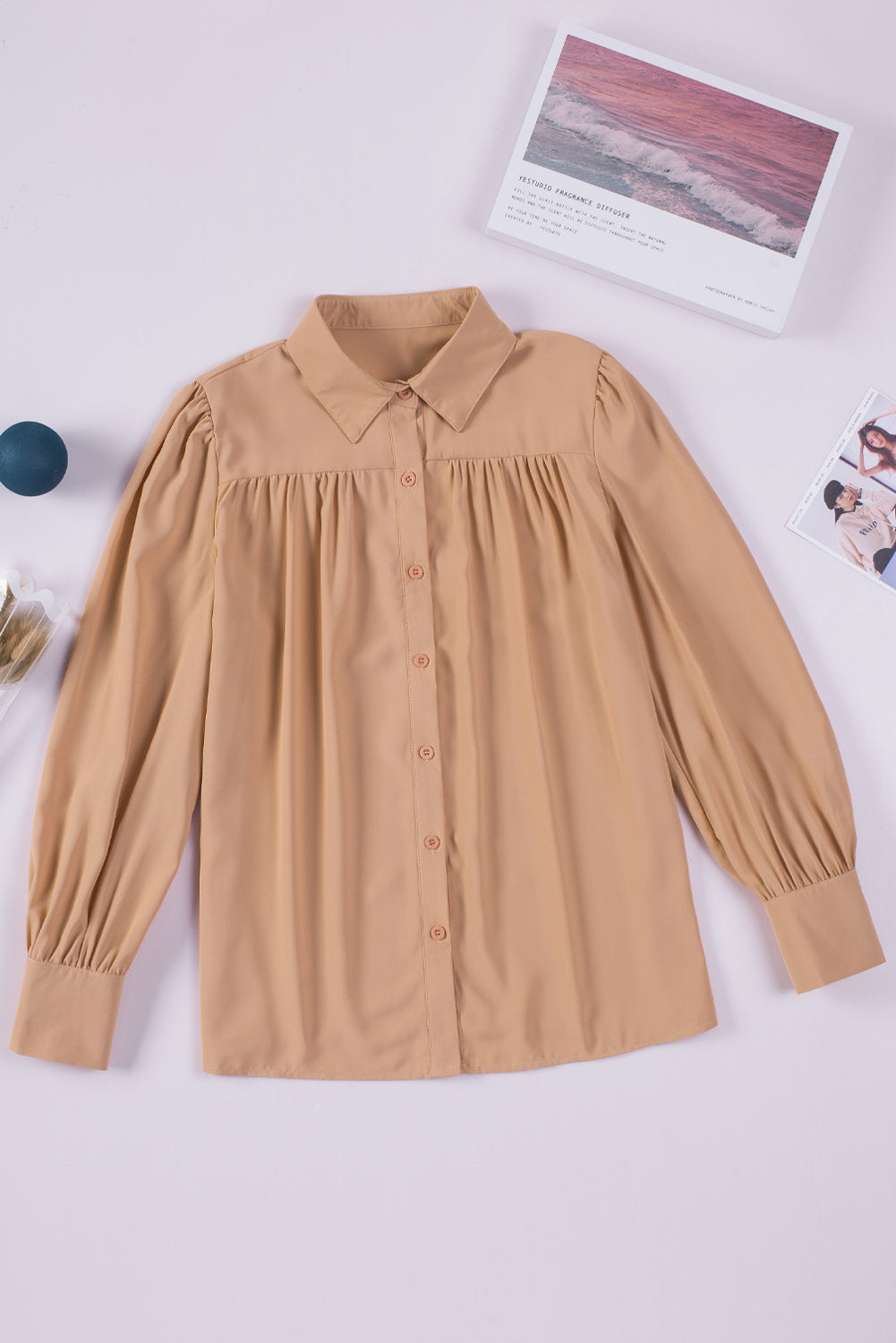 Khaki Solid Button-up Loose Long Sleeve Shirt