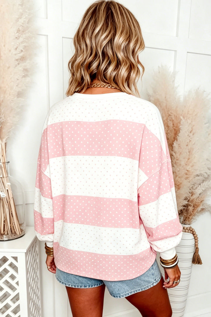 Blue Polka Dot Patchwork Colorblock Long Sleeve Top