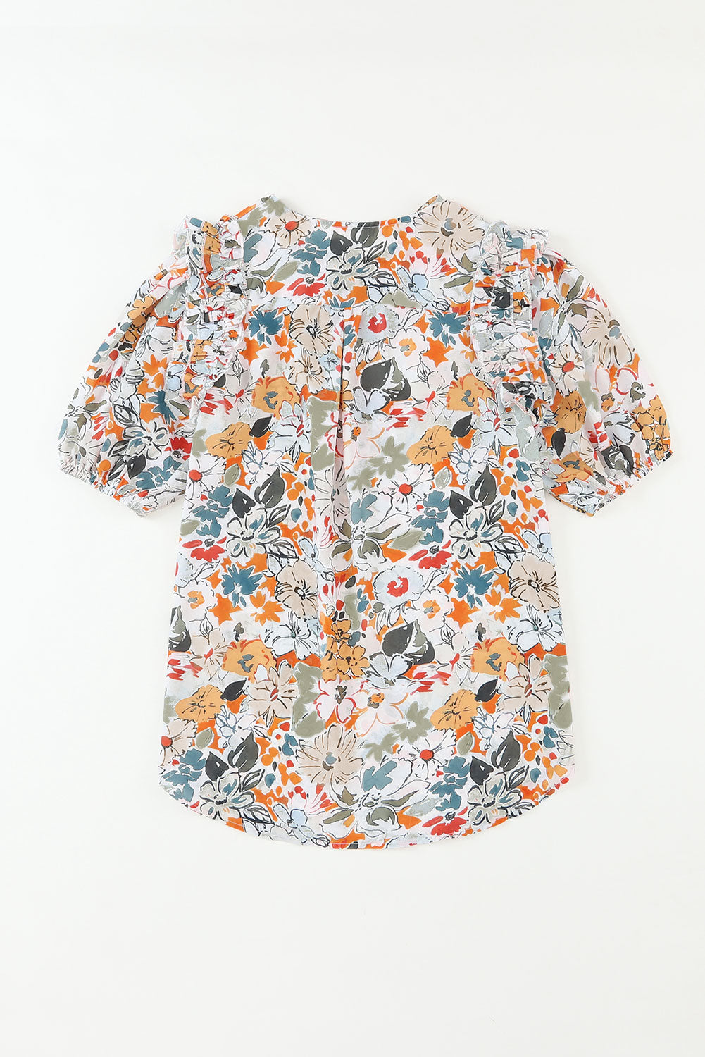 Multicolor Split V Neck Puff Sleeve Flower Print Blouse