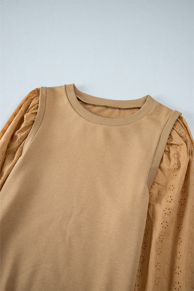 Pale Khaki Solid Patchwork Sleeve Round Neck Sweatshirt